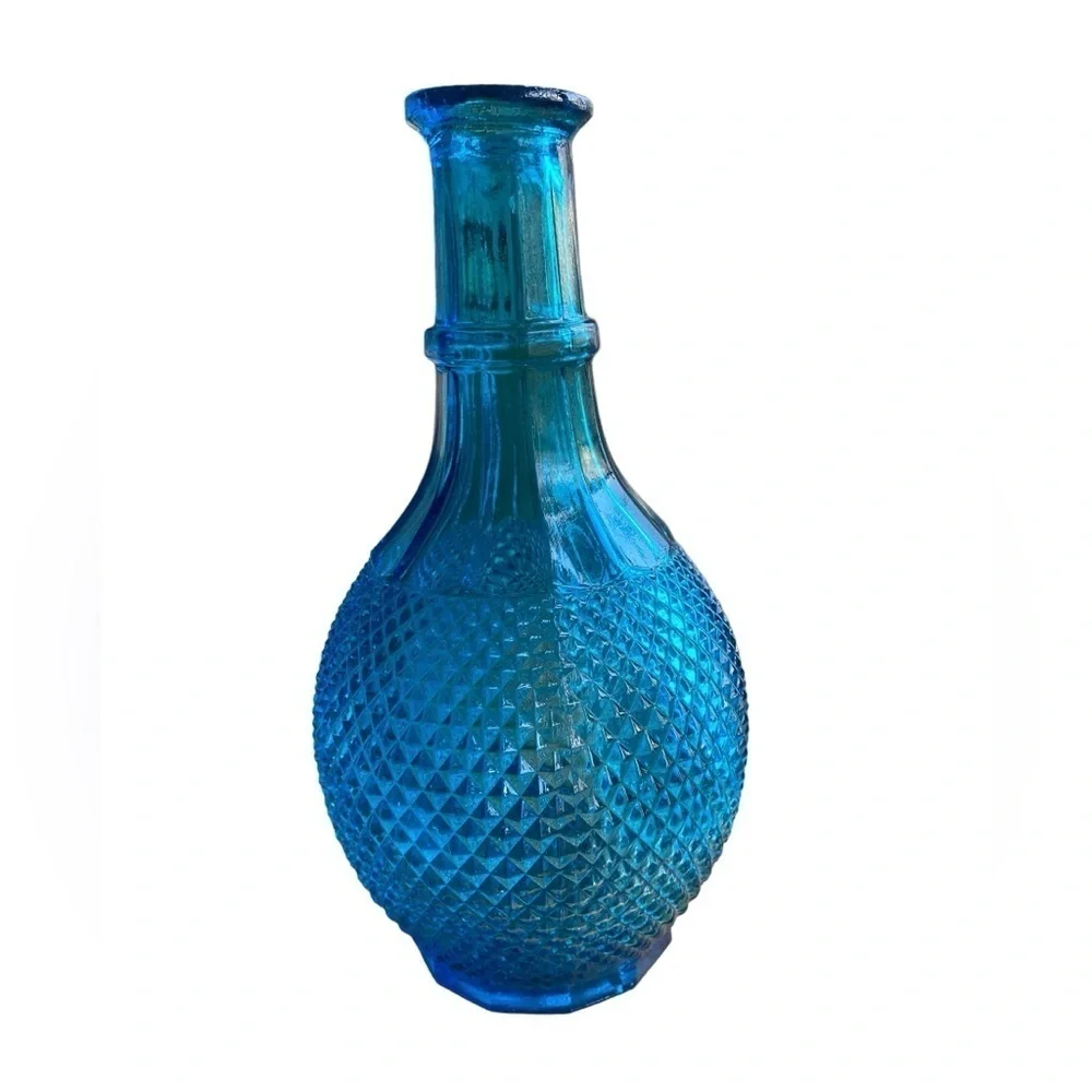 Blue Glass Diamond Point Cut Hobnail Glass Decanter No Cover